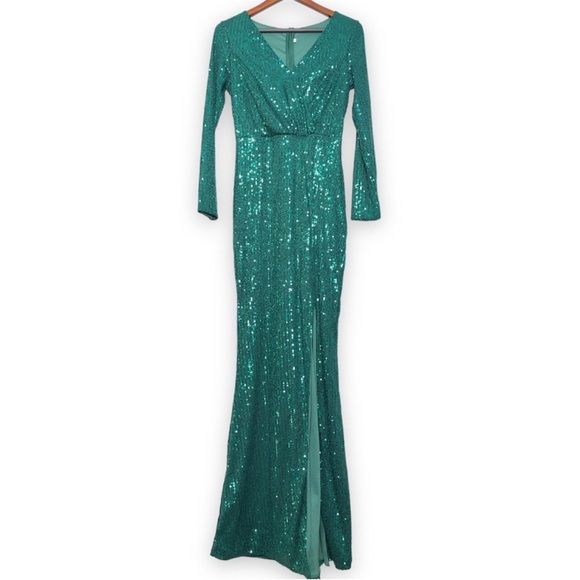 Gorgeous Dark Green Sequin Formal wrap Dress V-neck Long sleeve front Slit curve - Picture 5 of 11